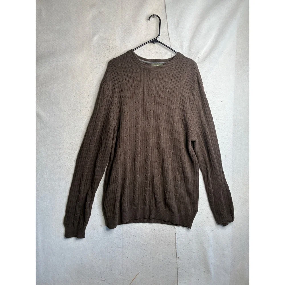 Eddie Bauer Mens Brown Cable Knit Cotton Crew Neck Sweater Large Tall L T 6298